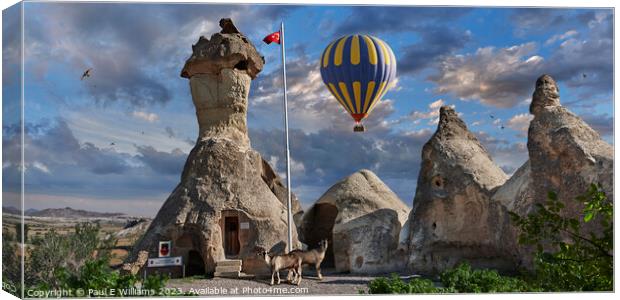 Hot Air Balloons Over Fairy Chimney Police Station Cappadocia Canvas Print by Paul E Williams