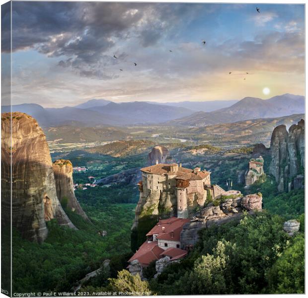 The Spectacular Rock Top Meteora Monastery of Rosanou at Sunrise Canvas Print by Paul E Williams
