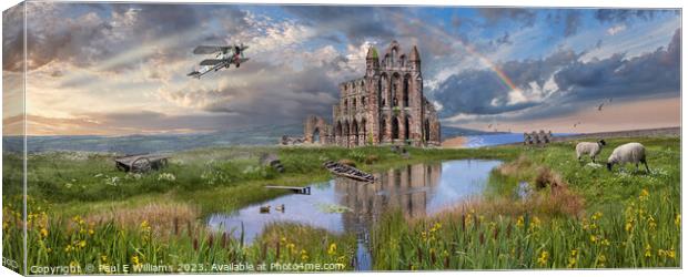 Fairey Swordfish flying over Whitby Abbey Canvas Print by Paul E Williams