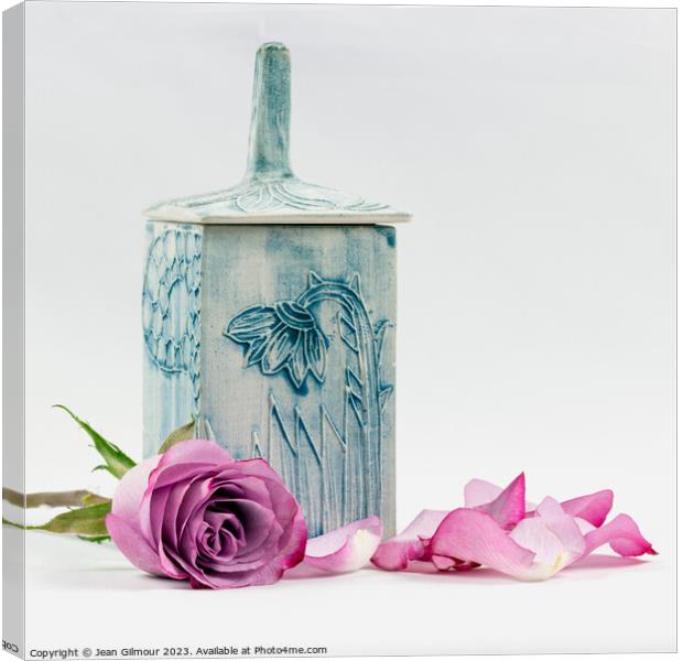 Rose and Blue Ceramic Pot Canvas Print by Jean Gilmour