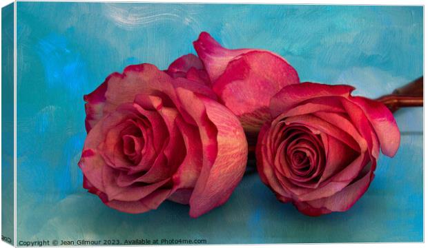 Three Pink Roses on Textured Background. Canvas Print by Jean Gilmour