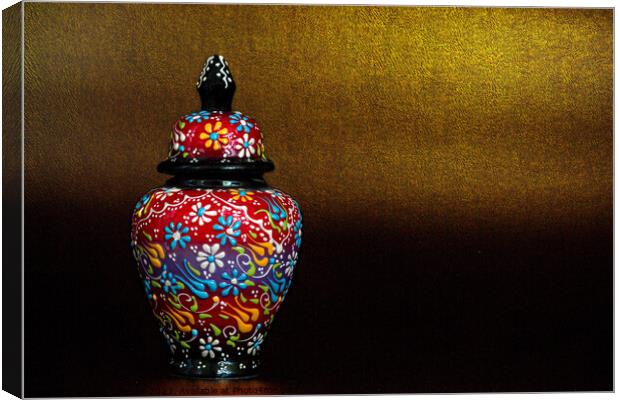 Jar With Lid on Gold Canvas Print by Jean Gilmour