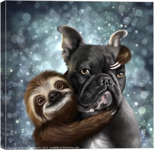 A Frenchie and a Sloth hug Canvas Print by Nicola Duckworth
