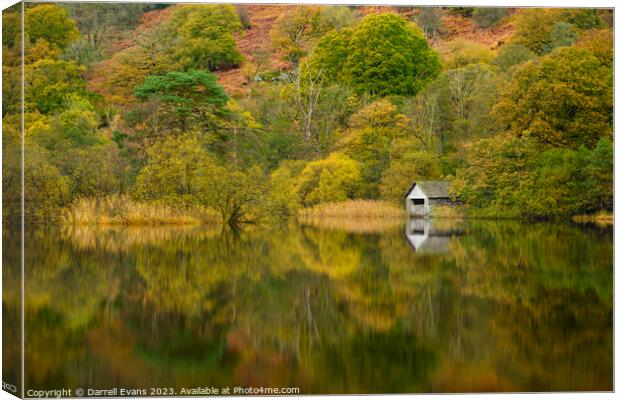 Autumn trees and boathouse Canvas Print by Darrell Evans