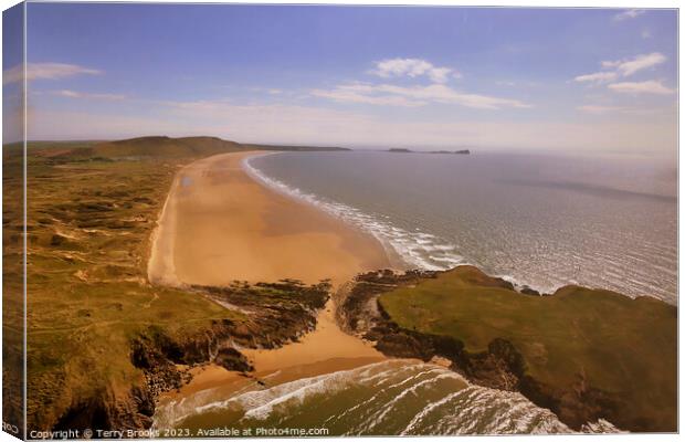 Rhossili Bay, Beach and Sea Aerial Canvas Print by Terry Brooks