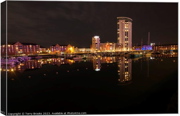 Swansea Marina at Night Reflecting in the Water Canvas Print by Terry Brooks