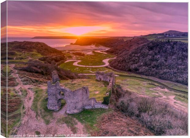 Pennard Castle and Three Cliffs Bay Sunset Canvas Print by Terry Brooks