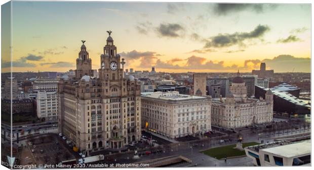 Sunrise over Liverpool's Three Graces Canvas Print by Pete Mainey