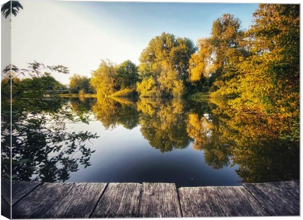 Trees reflected in lake with boardwalk Canvas Print by Chris Spalton