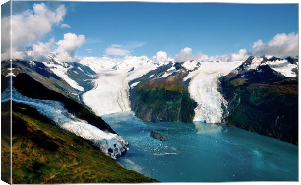 Aerial shot of three glaciers calving into Prince William Sound Canvas Print by Madeleine Deaton