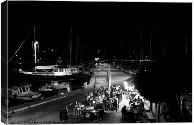 Lipsi evening boats and ouzerie, monochrome Canvas Print by Paul Boizot