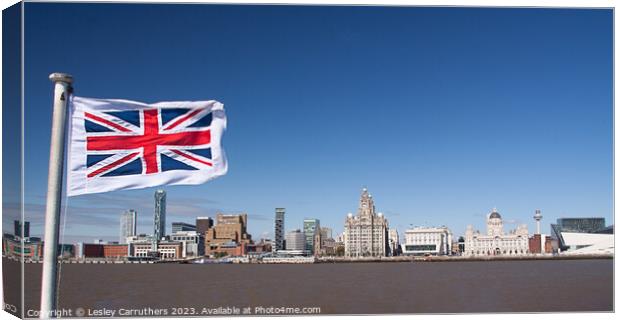 Union Jack on Liverpool sky line  Canvas Print by Lesley Carruthers