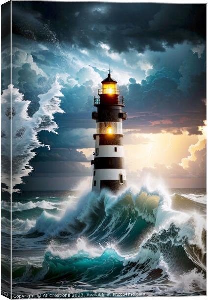 A Stormy Night By The Lighthouse Canvas Print by AI Creations