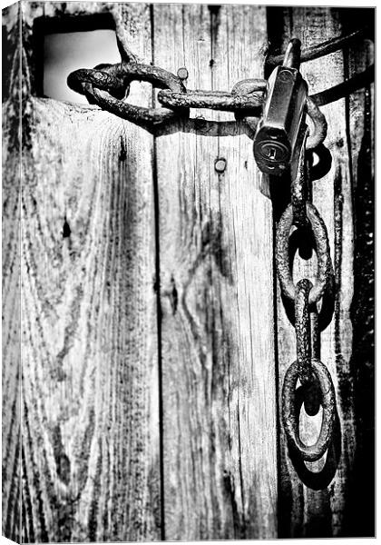 Black and White Rusty Chain and Padlock Canvas Print by Simon Gladwin