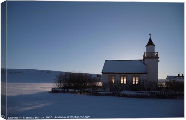 Snowy church in Iceland Canvas Print by Bruce Barrow