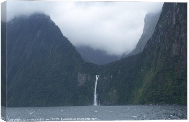 U-shaped valley with waterfall, Milford Sound, New Zealand Canvas Print by Emma Robertson