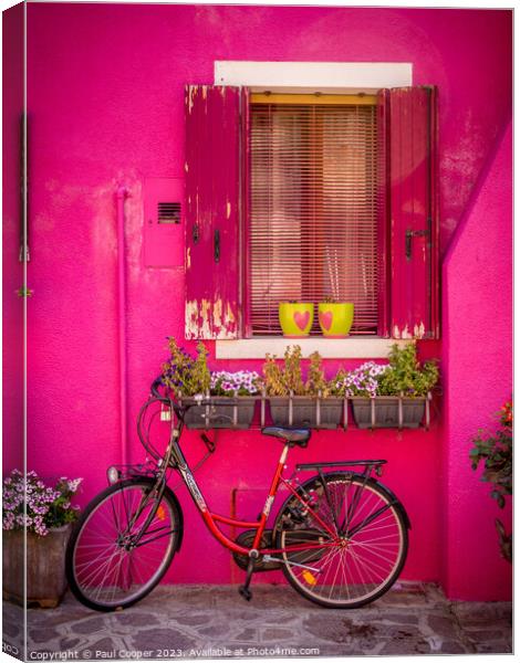 Bike outside pink Burano house, Italy Canvas Print by Bailey Cooper