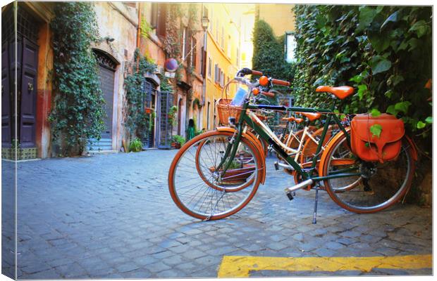 Bicycle standing in front of store on old street of Rome . Canvas Print by Virginija Vaidakaviciene