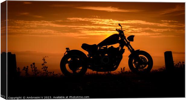A silhouette of a custom made chopper motorbike against a colourful sunset Canvas Print by Ambrosini V