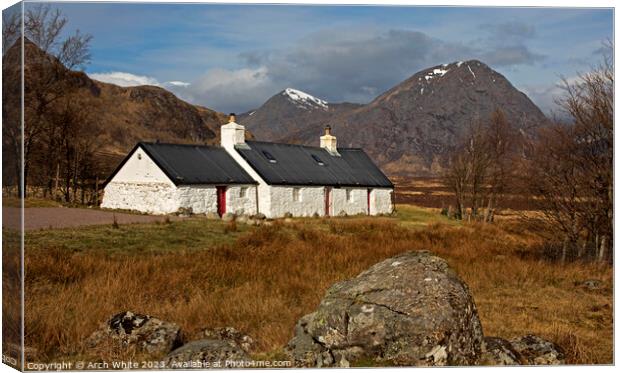Black Rock Cottage,  with Buachaille Etive Mor, Lo Canvas Print by Arch White