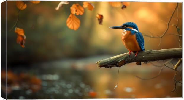 Kingfisher over an autumn woodland Stream Canvas Print by T2 