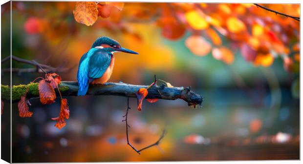 Kingfisher over an autumn woodland Stream Canvas Print by T2 
