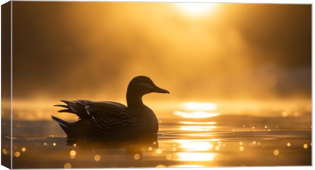 Duck on a pond, gliding into Sunrise Canvas Print by T2 