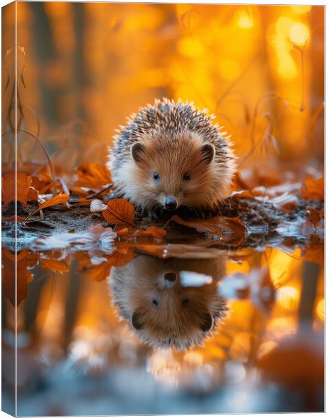  Hedgehog Reflecting in a Woodland Puddle Canvas Print by T2 