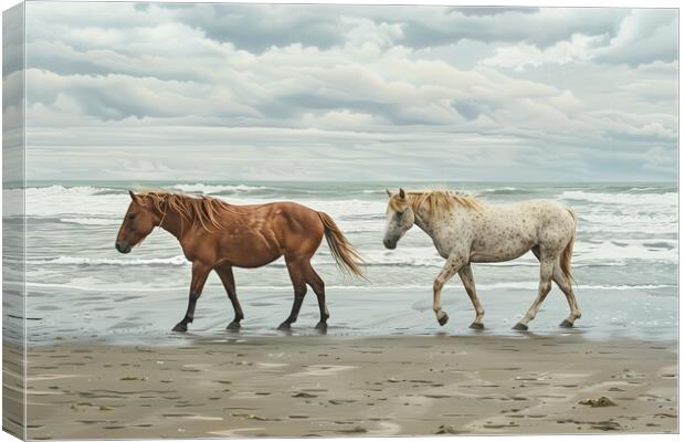 Horses on a beach in Wintertime Canvas Print by T2 
