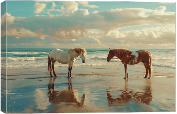 Horses on a beach in Wintertime Canvas Print by T2 