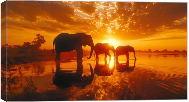 Elephants in the African Sunset Canvas Print by T2 