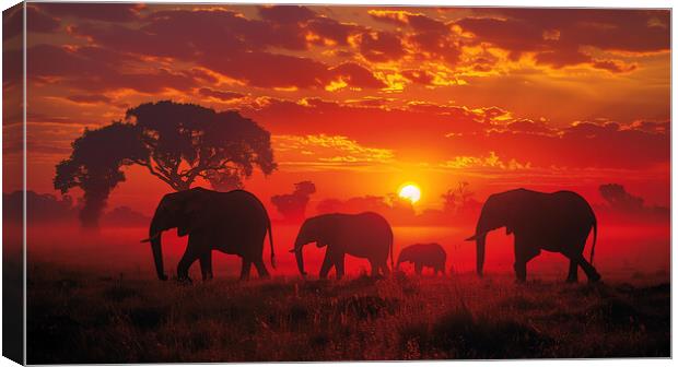 Elephants in the African Sunset Canvas Print by T2 
