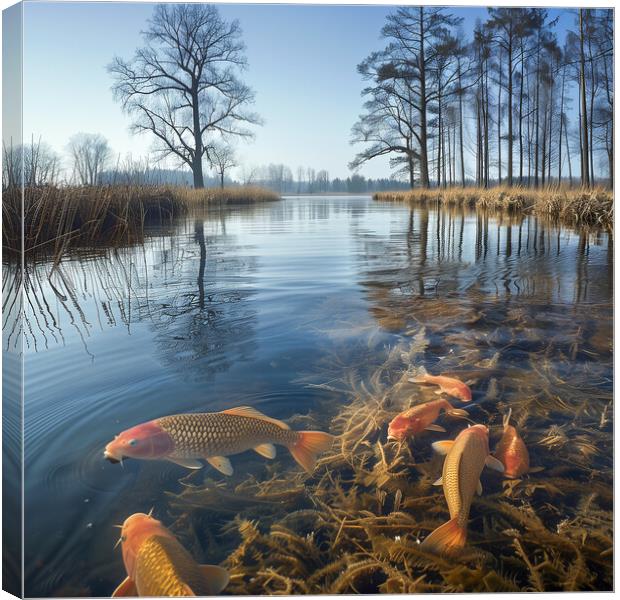 Shoal of Carp Feeding Canvas Print by T2 