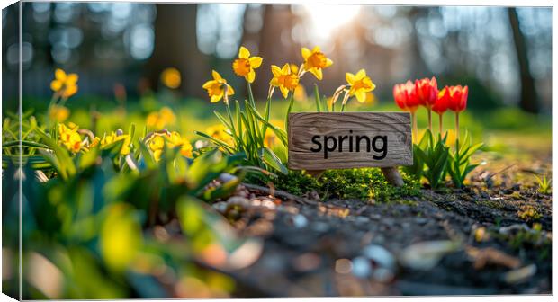 Spring Sign with Spring Flowers Canvas Print by T2 