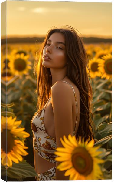 Beautiful woman in a field of Sunflowers Canvas Print by T2 