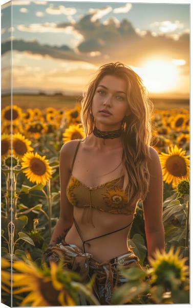 Beautiful woman in a field of Sunflowers Canvas Print by T2 