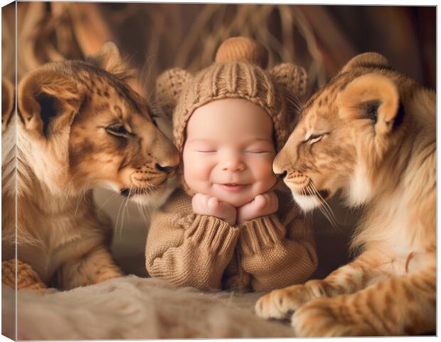 Smiling Baby surrounded by two Lions Canvas Print by T2 