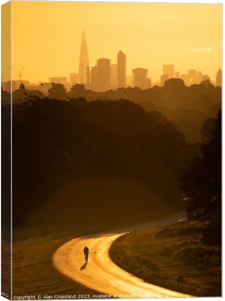 London and a Cyclist at Golden Hour Canvas Print by Alan Crossland