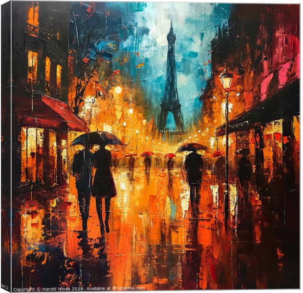 Rainy Night in Paris Canvas Print by Harold Ninek