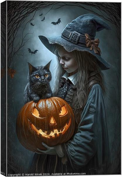 Little Witch, Big Pumpkin Canvas Print by Harold Ninek