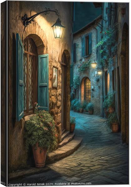 Tuscan Village at Twilight Canvas Print by Harold Ninek