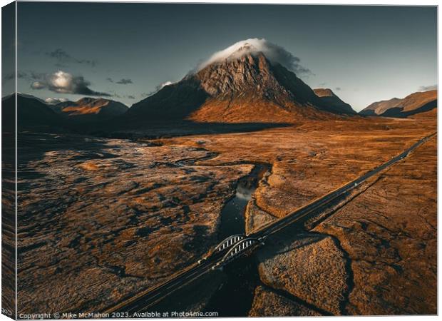 Aerial view of Buachaille etive mor , A82 Glencoe bridge  Canvas Print by Mike McMahon