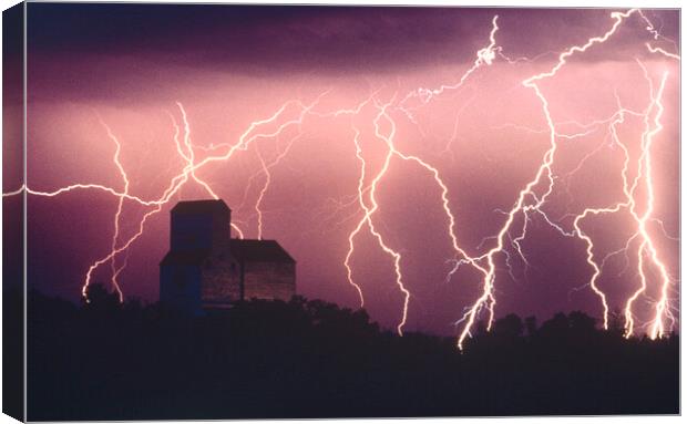 Lightning Over Grain Elevator Canvas Print by Dave Reede