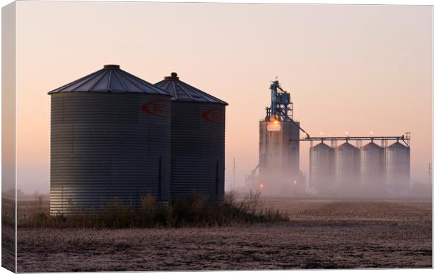 grain storage bins in a harvested soybean field with inland grain terminal in the background Canvas Print by Dave Reede