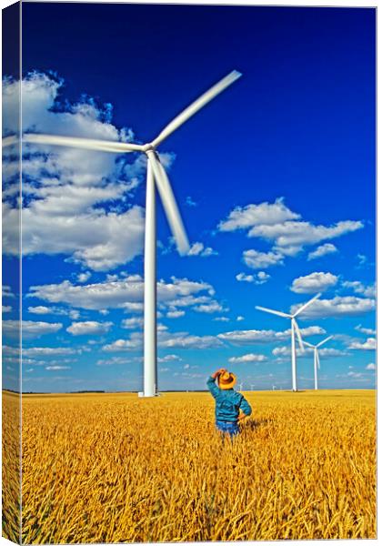 man in spring wheat field viewing wind turbines Canvas Print by Dave Reede