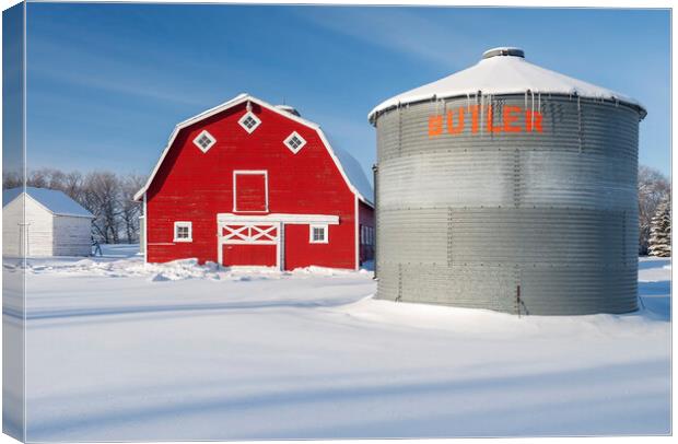 Old Grain Bin and Red Barn Canvas Print by Dave Reede