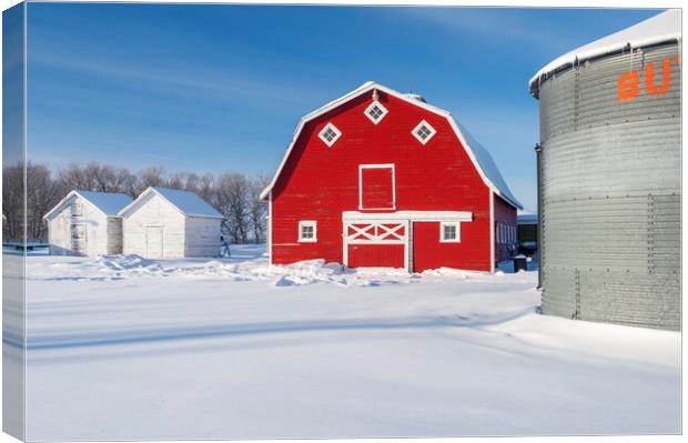 Old Grain Bin and Red Barn in Winter Canvas Print by Dave Reede