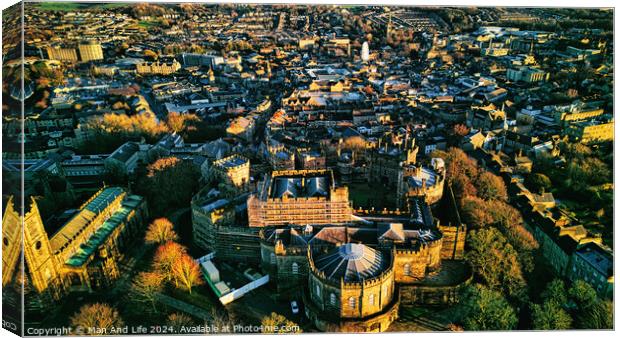 Aerial view of a historic city Lancaster at sunset with warm lighting highlighting architectural details and dense urban landscape. Canvas Print by Man And Life