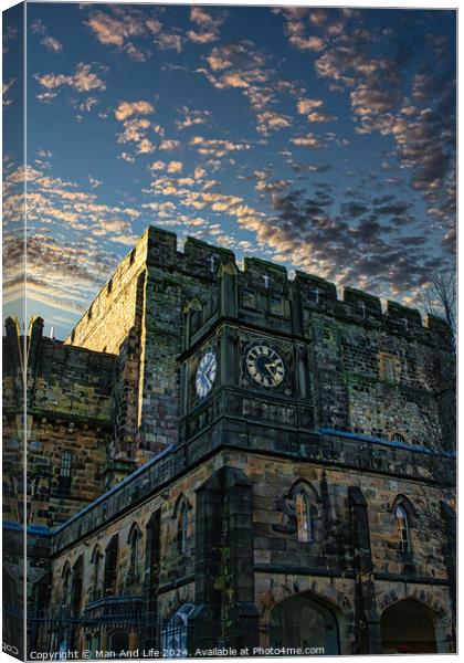 Historic stone clock tower against a dramatic sky at dusk in Lancaster. Canvas Print by Man And Life