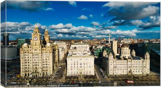 Aerial view of historic waterfront buildings under a dramatic sky with clouds in Liverpool, UK. Canvas Print by Man And Life
